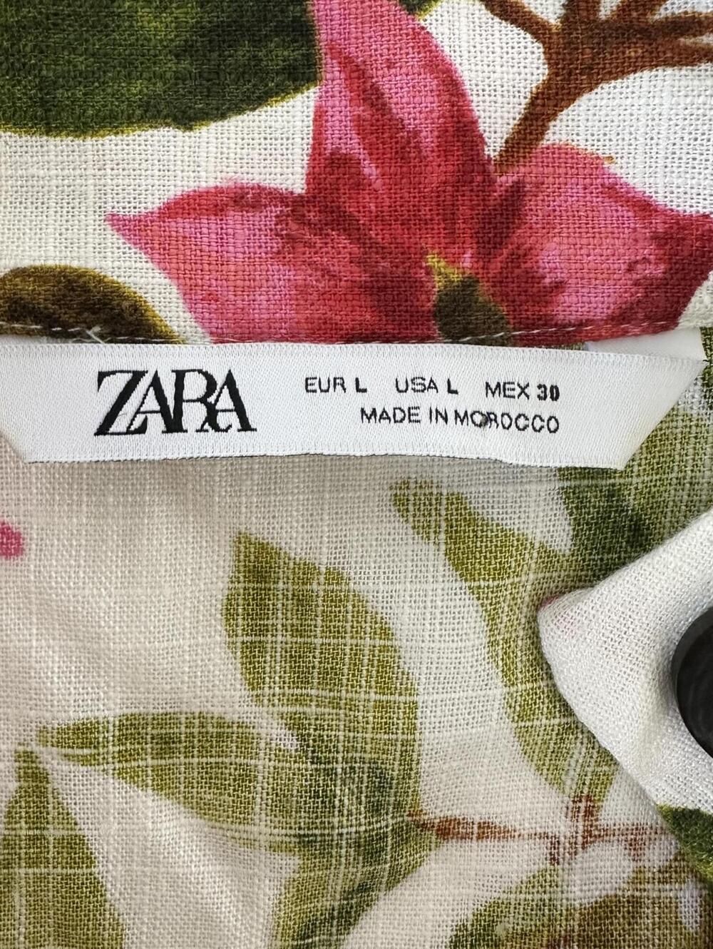 ZARA Floral Linen Blend Blouse Wood Button-up Collar Tropical Design - Large - Picture 2 of 7